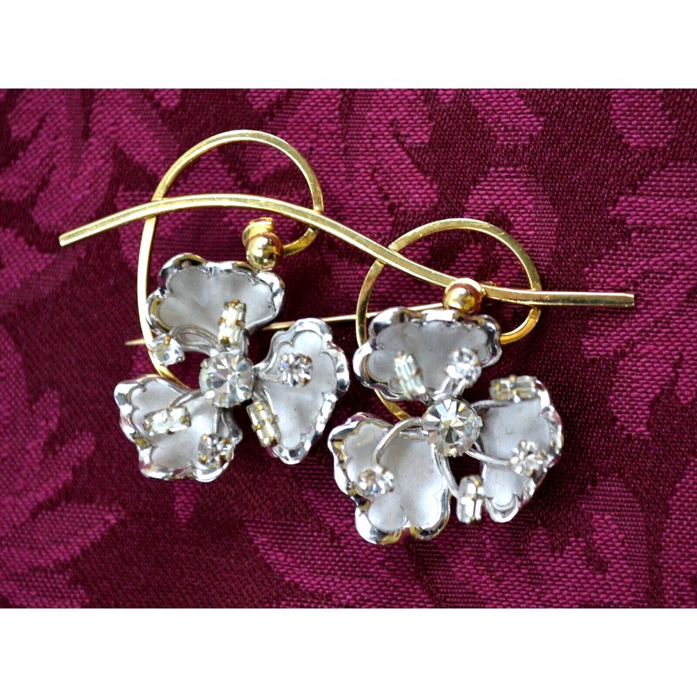 Vtg Gold Tone Brooch / Pin Silver Tone Double Flowers w/ Clear Rhinestones 2.75"
